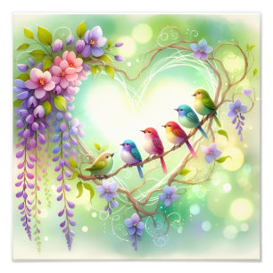 Grillige bloemhart vogels aquarel ontwerp foto afdruk