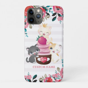 Grillige bloemige cartoon katten aardbeien cupcake iPhone 11 pro hoesje