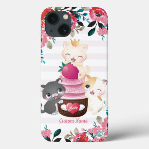 Grillige bloemige cartoon katten aardbeien cupcake iPhone 13 hoesje