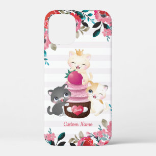 Grillige bloemige cartoon katten aardbeien cupcake iPhone 12 mini hoesje