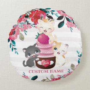 Grillige bloemige cartoon katten aardbeien cupcake rond kussen
