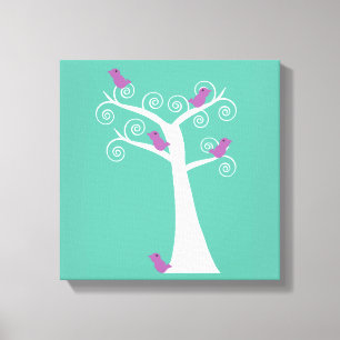 Grillige boom met paarse vogels kunst canvas afdruk
