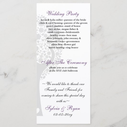 grillige boom paarse lovebirds bruiloft programma (Achterkant)