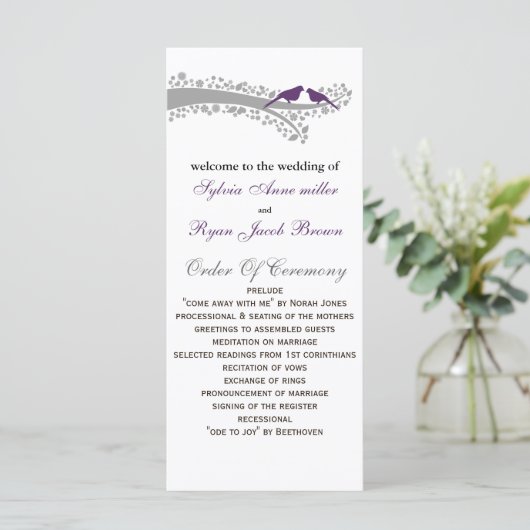 grillige boom paarse lovebirds bruiloft programma (Staand voorkant)