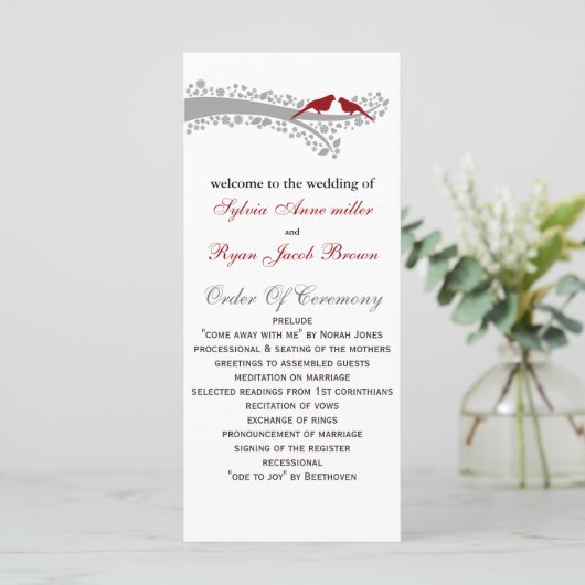 grillige boom rode lovebirds bruiloft programma (Staand voorkant)