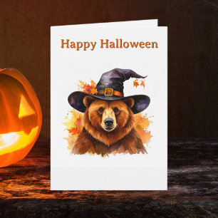 Grillige bruine beer zwarte heksenhut Halloween Kaart