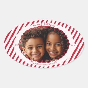 Grillige Candy Cane Streep Vakantiefoto Ovale Sticker
