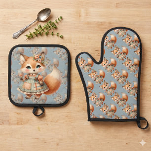 Grillige Cottagecore Bloemige Pastel Vos Ovenwant & Pannenlap Set