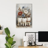 Grillige Drie Tanden Print, Bloemrijke Tand Kinder Poster (Thuiskantoor)