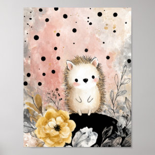 Grillige Egel Bloemrijke Watercolor Kunst Poster