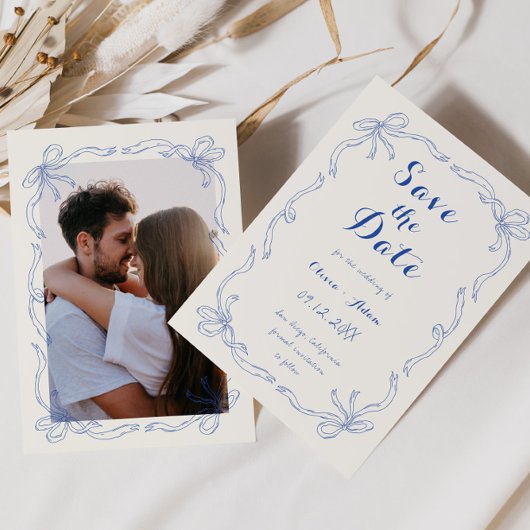 grillige eigenzinnige hand getekend boog blauw save the date