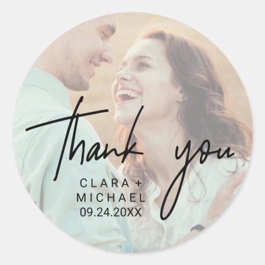 grillige elegante boho foto bruiloft bedankt ronde sticker (Voorkant)