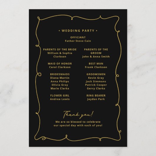  grillige elegante zwart-gouden bruiloft programma (Achterkant)