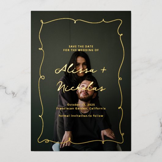 grillige foto bruiloft bewaar de datum goud folie uitnodiging (Voorkant)