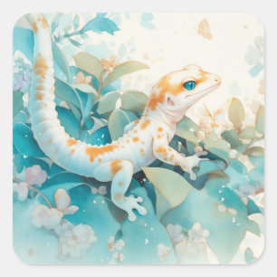 Grillige gekko tussen zachte pastelbladeren vierkante sticker