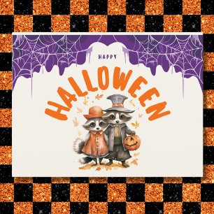 Grillige Gelukkige Halloween Wasbeer Koppel Feestdagenkaart