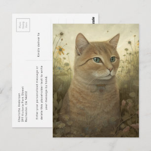 Grillige gemberkat in een weide ansichtkaart briefkaart