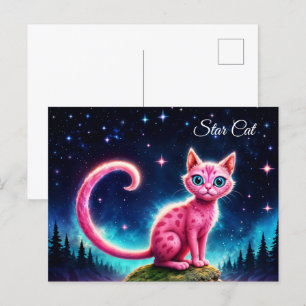 grillige gloeiende kat, lange staart blauwe ogen k briefkaart