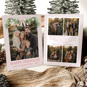 Grillige Grandmillennial Roze Strik Familie Foto Feestdagenkaart
