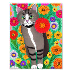 Grillige grijze en witte katten en rode bloem foto afdruk