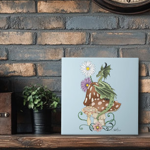 Grillige Groene Fantasie Draak Paddenstoel Bloemen Tegeltje