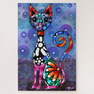 Grillige Grote-Ogen Funky Abstracte Kitty Kat Legpuzzel