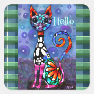 Grillige Grote-Ogen Funky Kitty Kat Persoonlijk Vierkante Sticker