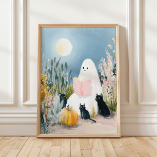Grillige Halloween Boekliefhebber Geest Zwarte Kat Poster