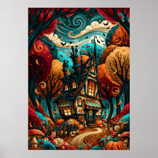 Grillige Halloween-cottage herfstbos Poster