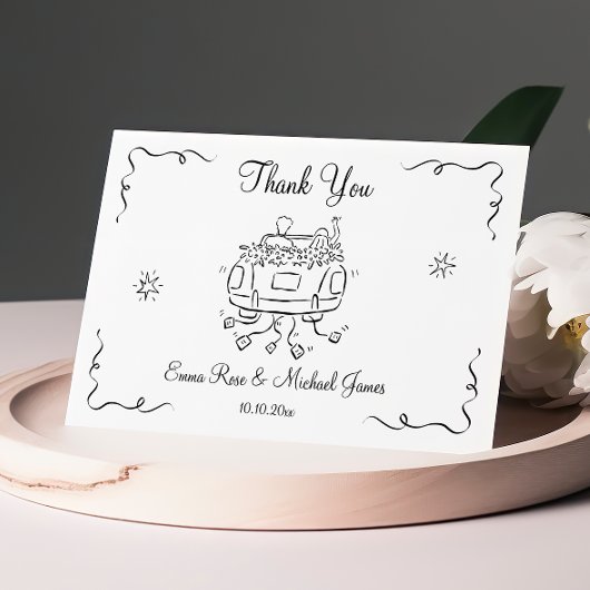 grillige hand getrokken auto bruiloft dank je kaar bedankkaart