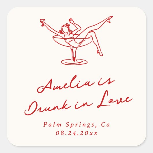 Grillige Handgetekende Rode Bruidsmeisje Vierkante Sticker (Voorkant)