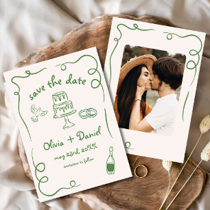 Grillige Handgetekende Trouwfoto Groen Save The Date