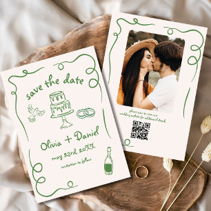 Grillige Handgetekende Trouwfoto Groen Save The Date