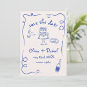 Grillige handgetekende trouwfoto in marineblauw save the date (Staand voorkant)