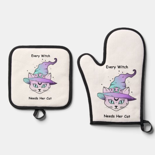 grillige heksenkat ovenwant & pannenlap set (Voorkant)