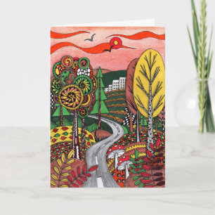 Grillige Herfst Landschap Folk Art Doodle Begroeti Kaart
