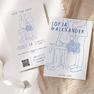 Grillige illustratie met QR-code RSVP-huwelijk Kaart