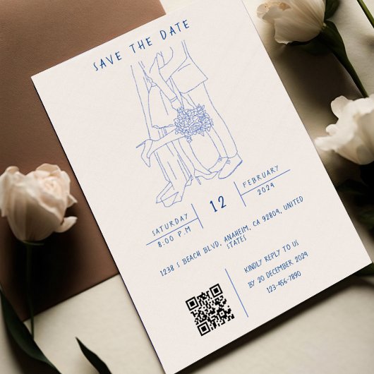 Grillige illustratie met QR-code RSVP-huwelijk Kaart