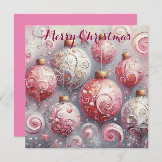 Grillige Impressionistische Kerstballen Roze Feestdagenkaart (Voorkant / Achterkant)