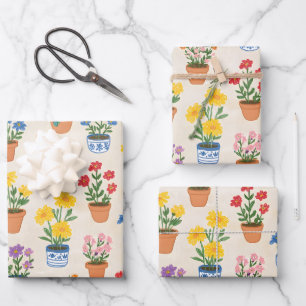 Grillige ingepotte bloemen botanische illustratie inpakpapier vel