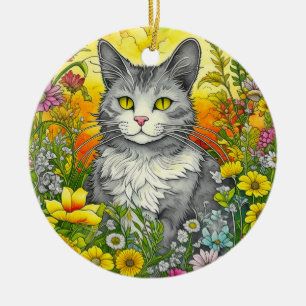 Grillige kat en bloemen keramisch ornament