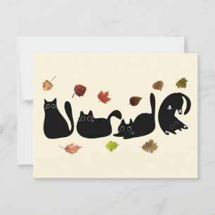 Grillige kat lijnkunst met herfstbladeren  briefkaart