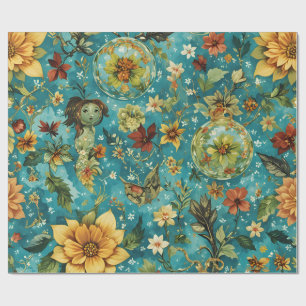 Grillige Kerst Bloemrijke Fantasie Patroon – Festi Cadeaupapier