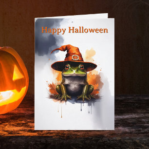 Grillige Kikker Oranje Heksenhoed Halloween Kaart