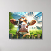grillige Koe die over het hek kijkt Canvas Afdruk (Voorkant)