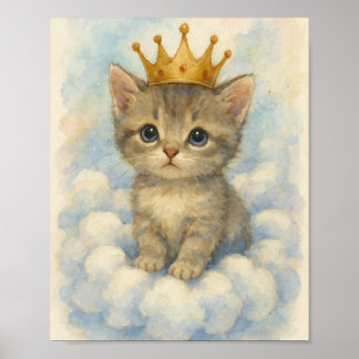 Grillige Koninklijke Kitten Met Kroon Op Wolk Poster