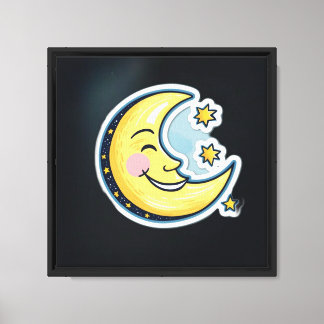 Grillige Lachende Halve Maan en Sterren Cartoon Canvas Afdruk