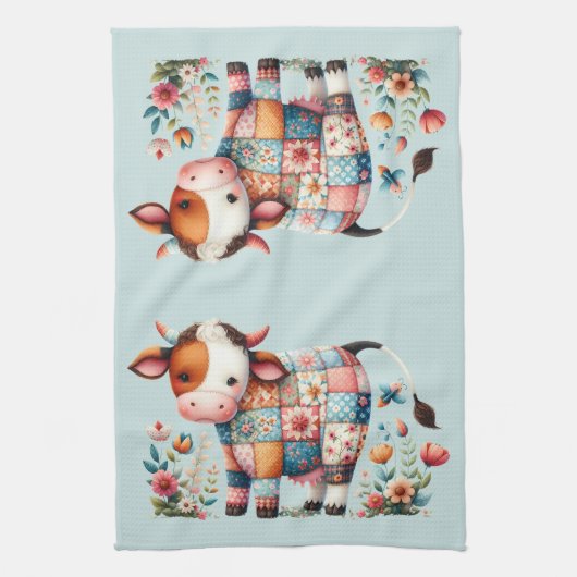 grillige lappendeken Koe met bloemenaccenten Theedoek (Verticaal)