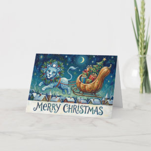 Grillige Leeuw Trekt Kerstslee Sinterklaas Kaart