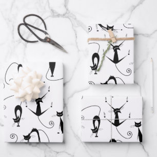 Grillige magere zwarte kattenpatroon inpakpapier vel